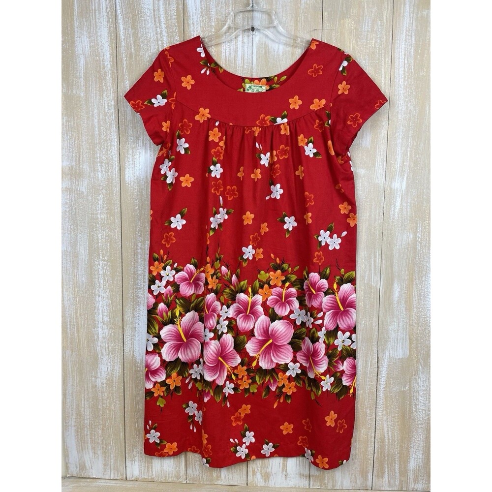 Vtg 60s Ui-Maikai Red Hawaiian Hibiscus Short Sleeve Knee Length Dress 40” Chest